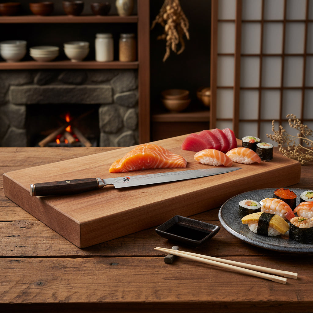 Chef's knife with a wooden handle on a white background