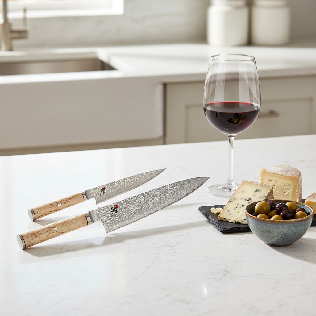 Two Damascus steel kitchen knives with wooden handles on a white background