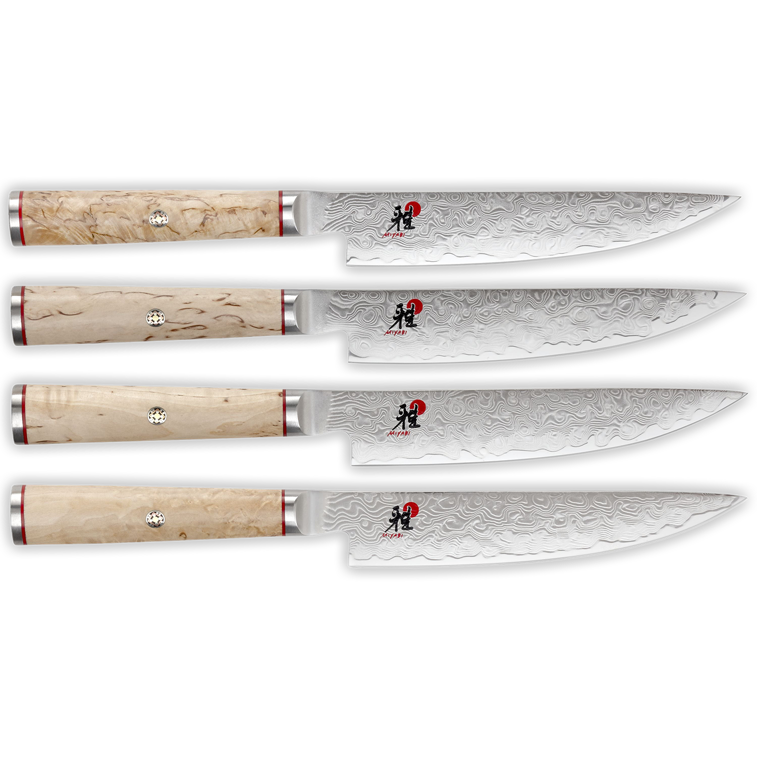 MIYABI 5000 MCD 4 Piece Steak Knife Set with Birch wood handles and SG2 micro-carbide steel blades.