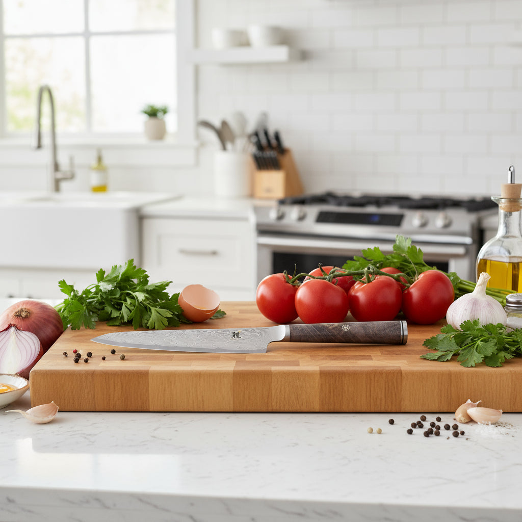 Chef's knife with a decorative handle on a white background