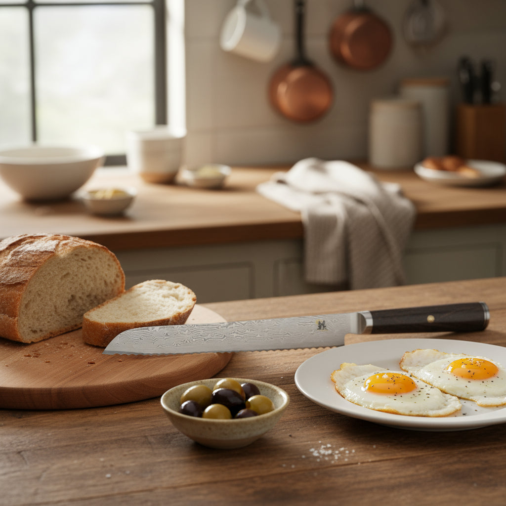 Bread knife with wooden handle on a white background