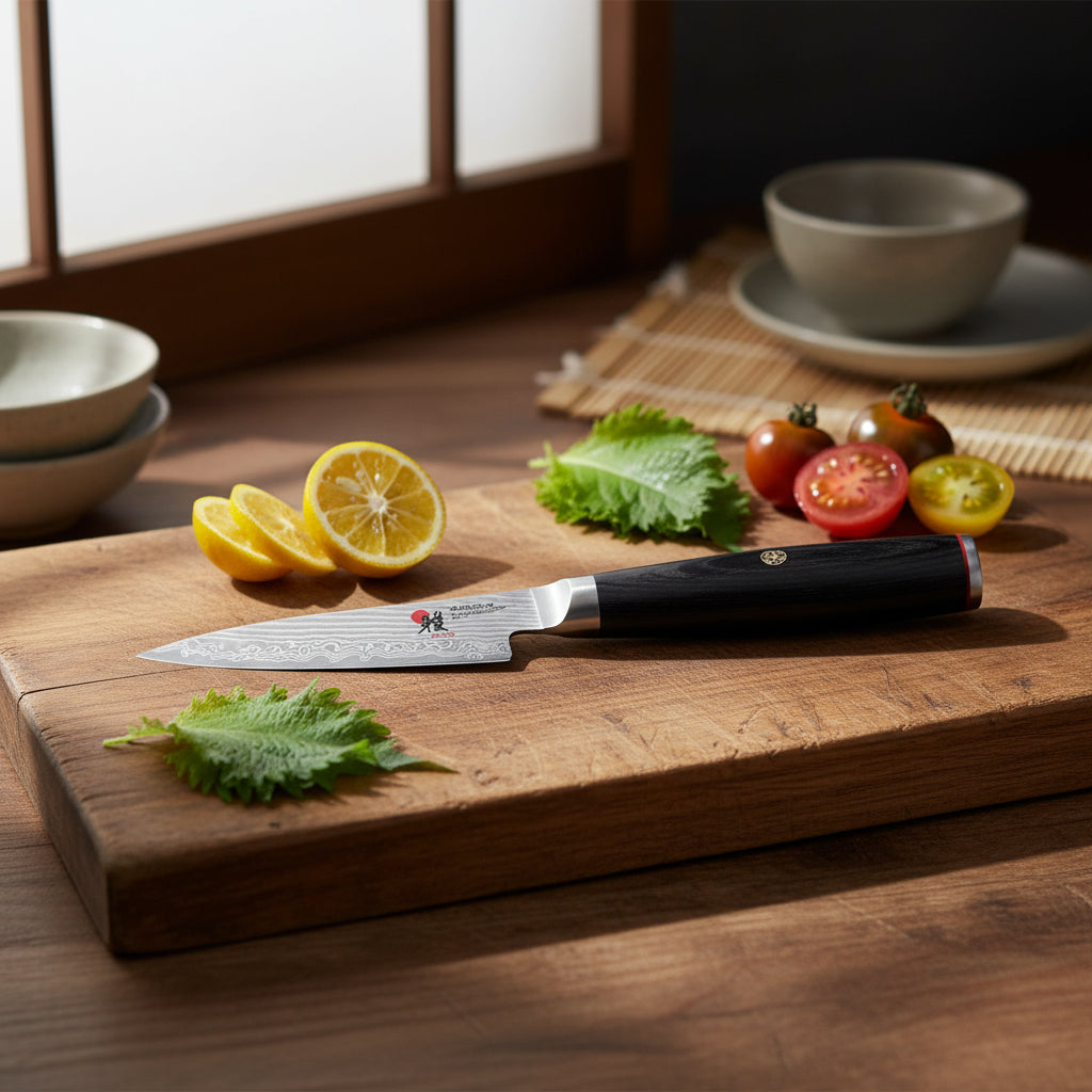 Chef's knife with a black handle and silver blade on a white background