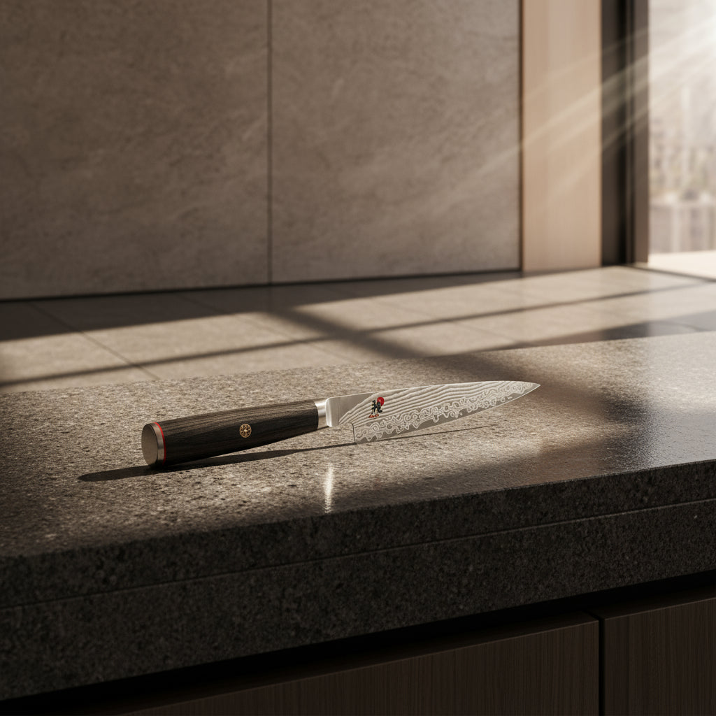 Sleek chef's knife with a black handle on a white background