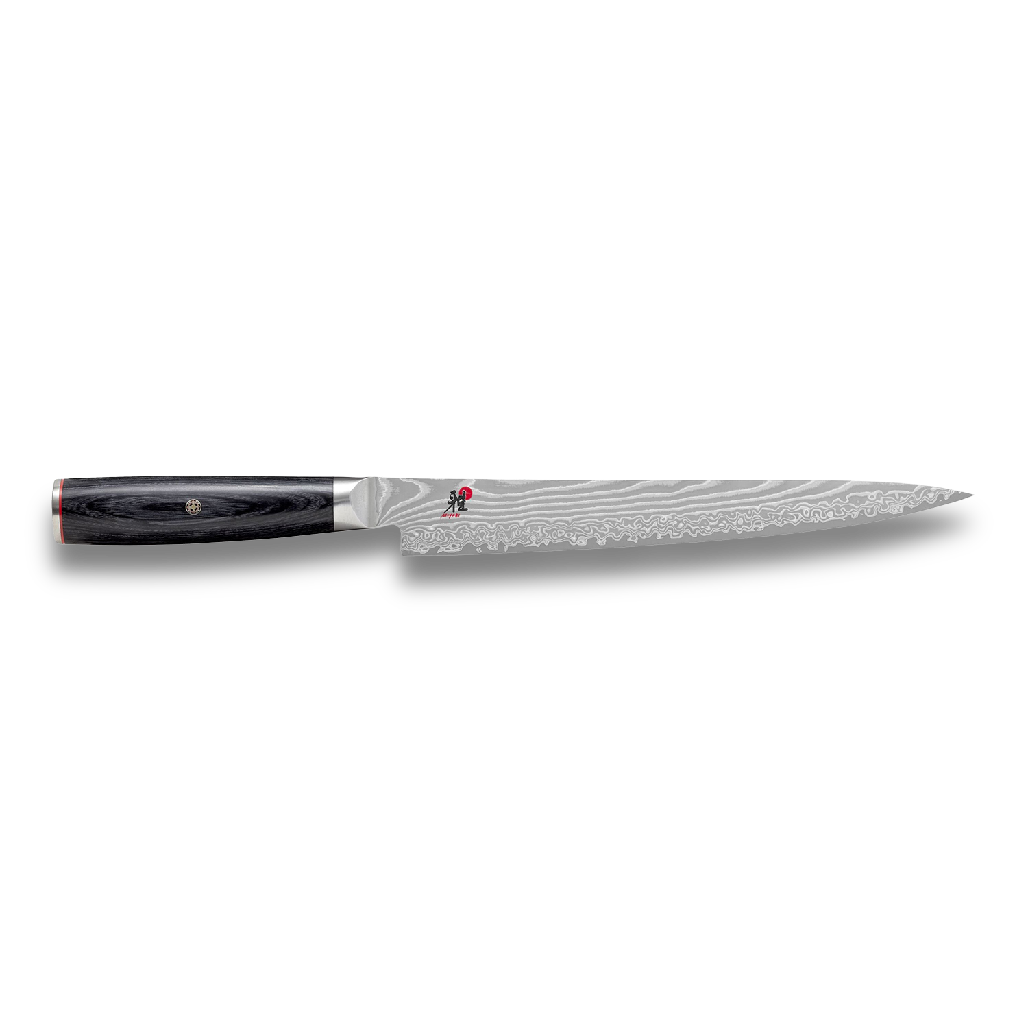 Chef's knife with a black handle on a white background
