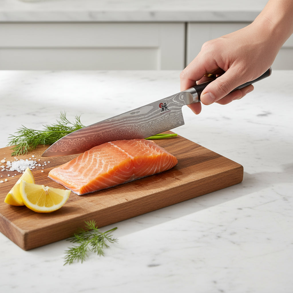 Slicing salmon with the MIYABI 5000 FC-D Gyutoh Knife on a wooden cutting board.