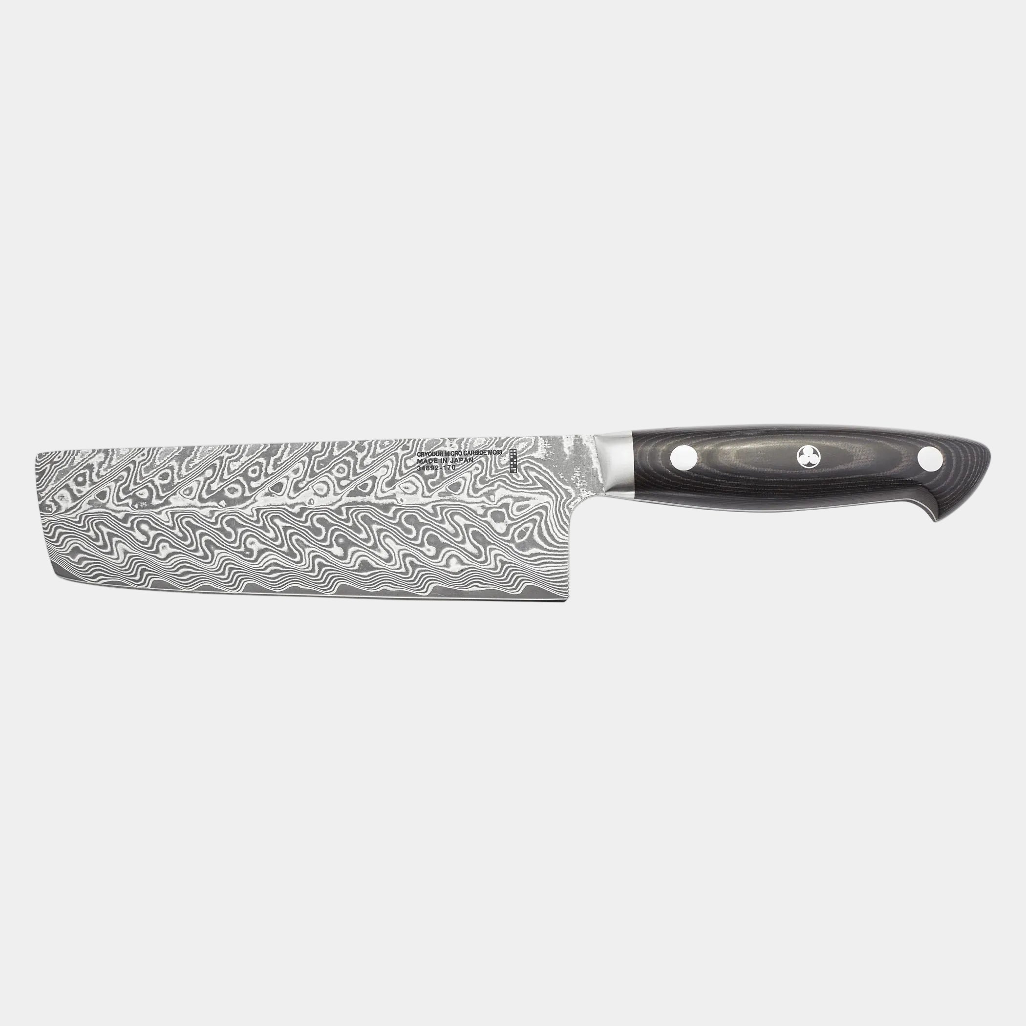 Damascus patterned knife with a black handle on a white background