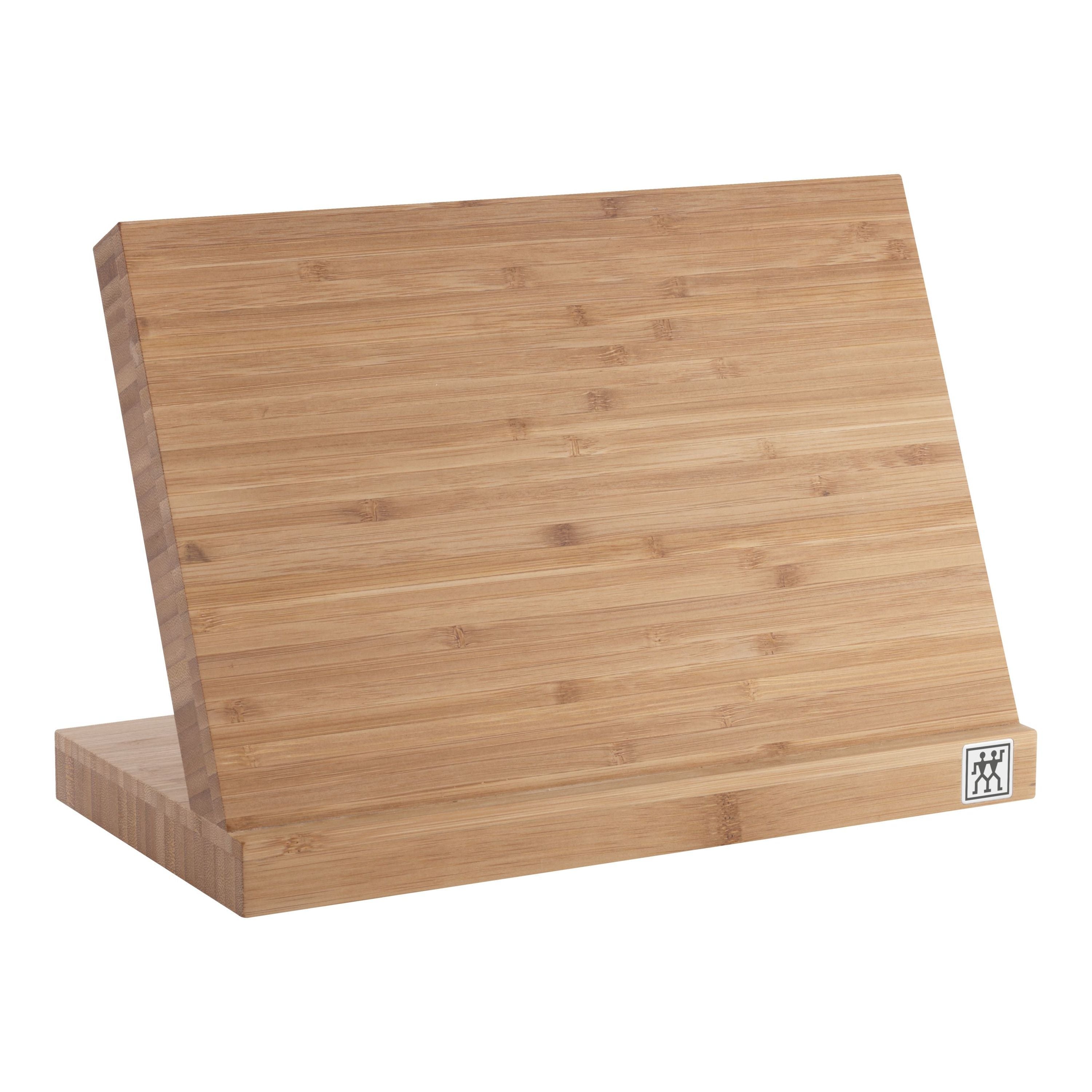 Bamboo cutting board with a brand logo on a white background