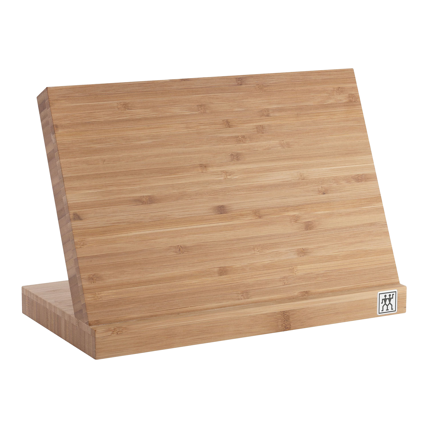 Bamboo cutting board with a brand logo on a white background