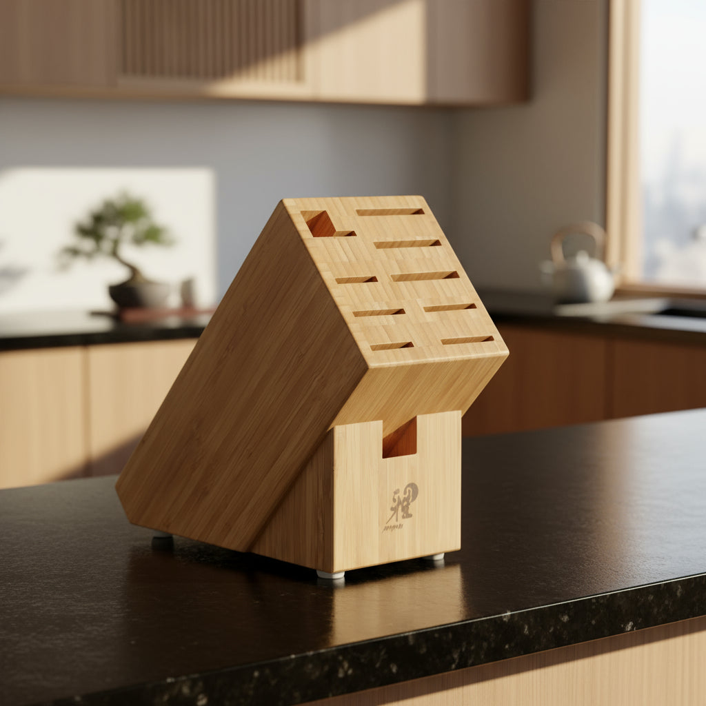 Wooden knife block with multiple slots on a white background
