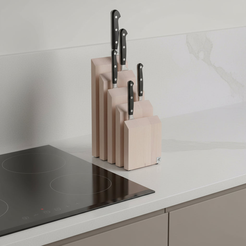 Set of knives with wooden blocks on a white background