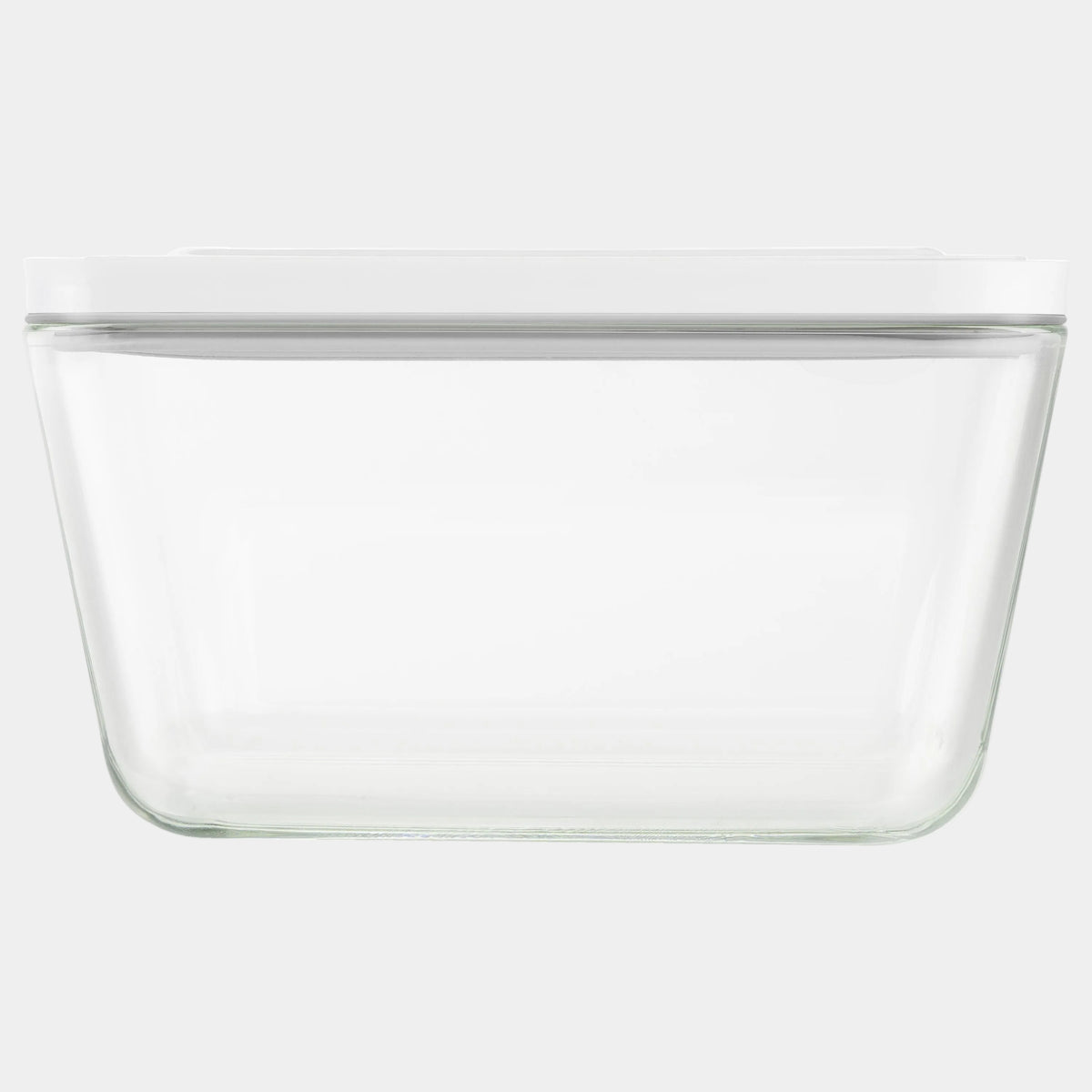 Clear glass container with a white lid on a white background