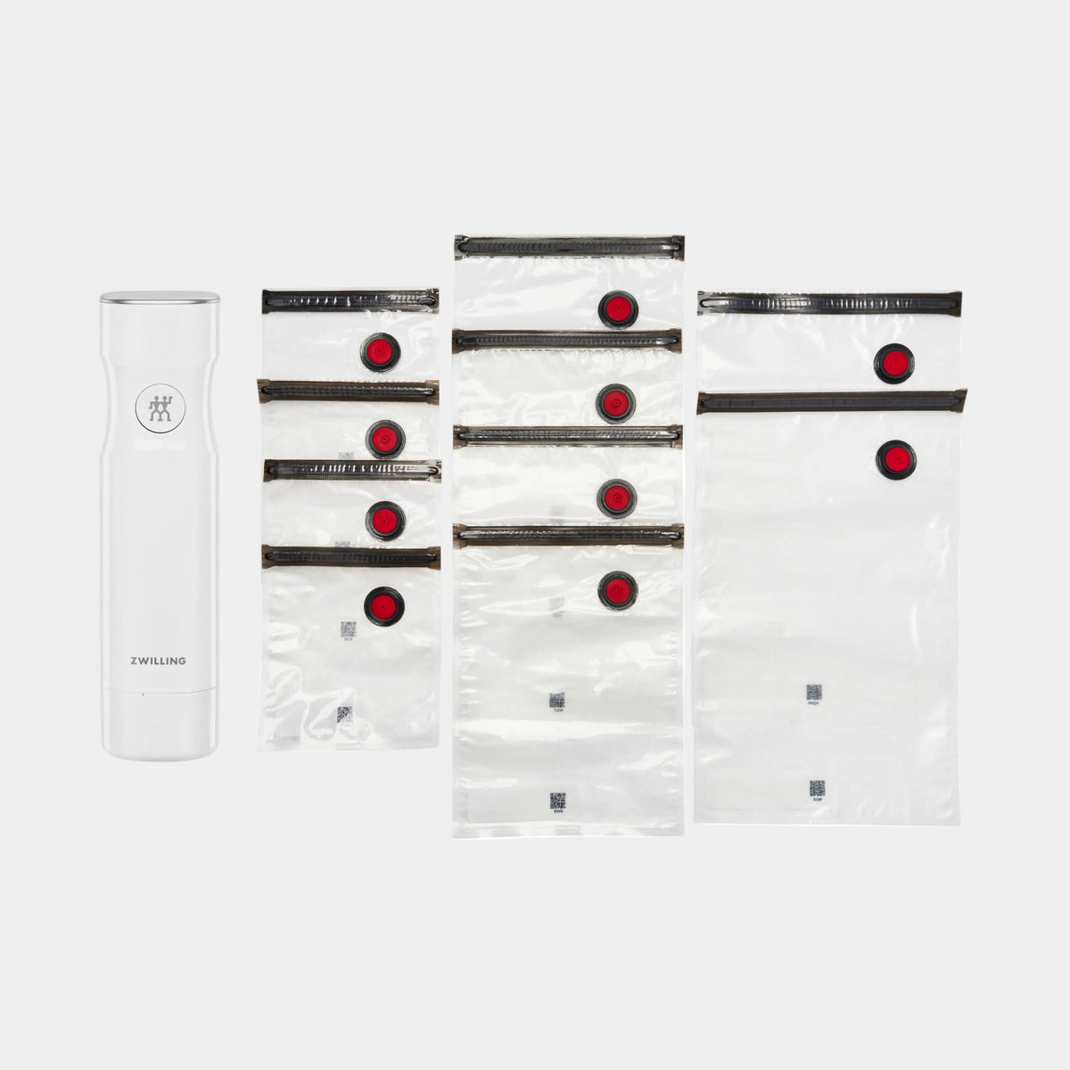 Set of vacuum seal bags with a white container on a white background