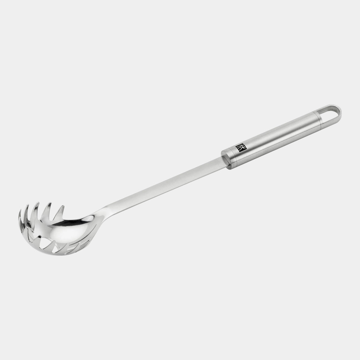 Metallic pasta server with a brand logo on a white background