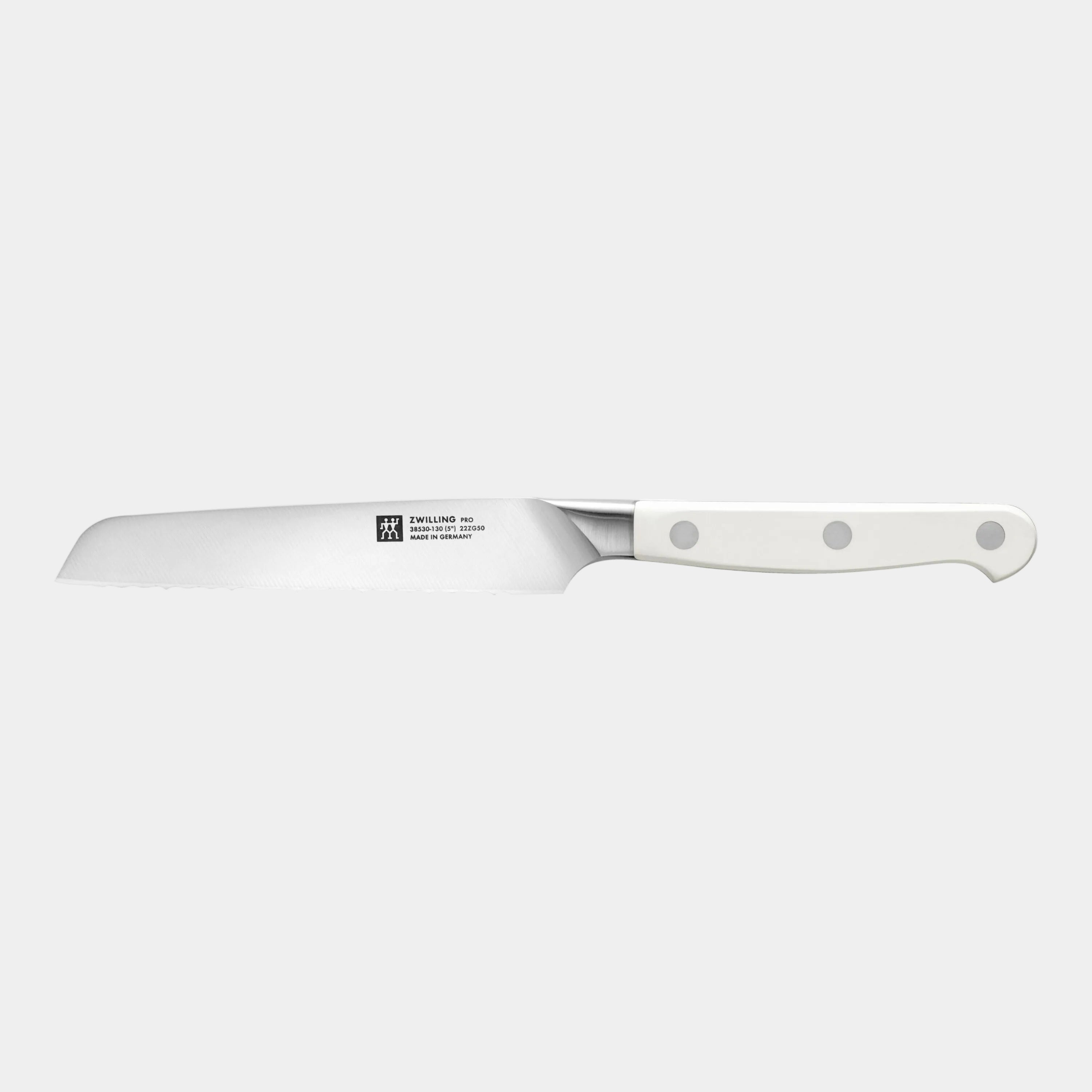 White bread knife with a visible brand logo on a white background