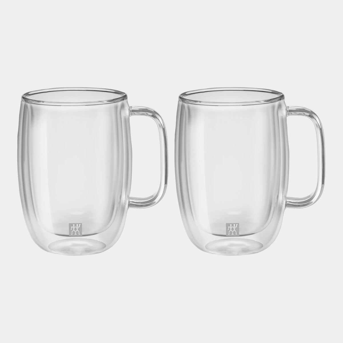 Two clear glass mugs with handles on a white background