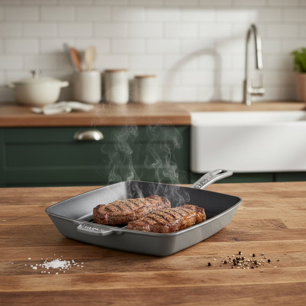 Gray grill pan with handle on a kitchen counter top made of wood