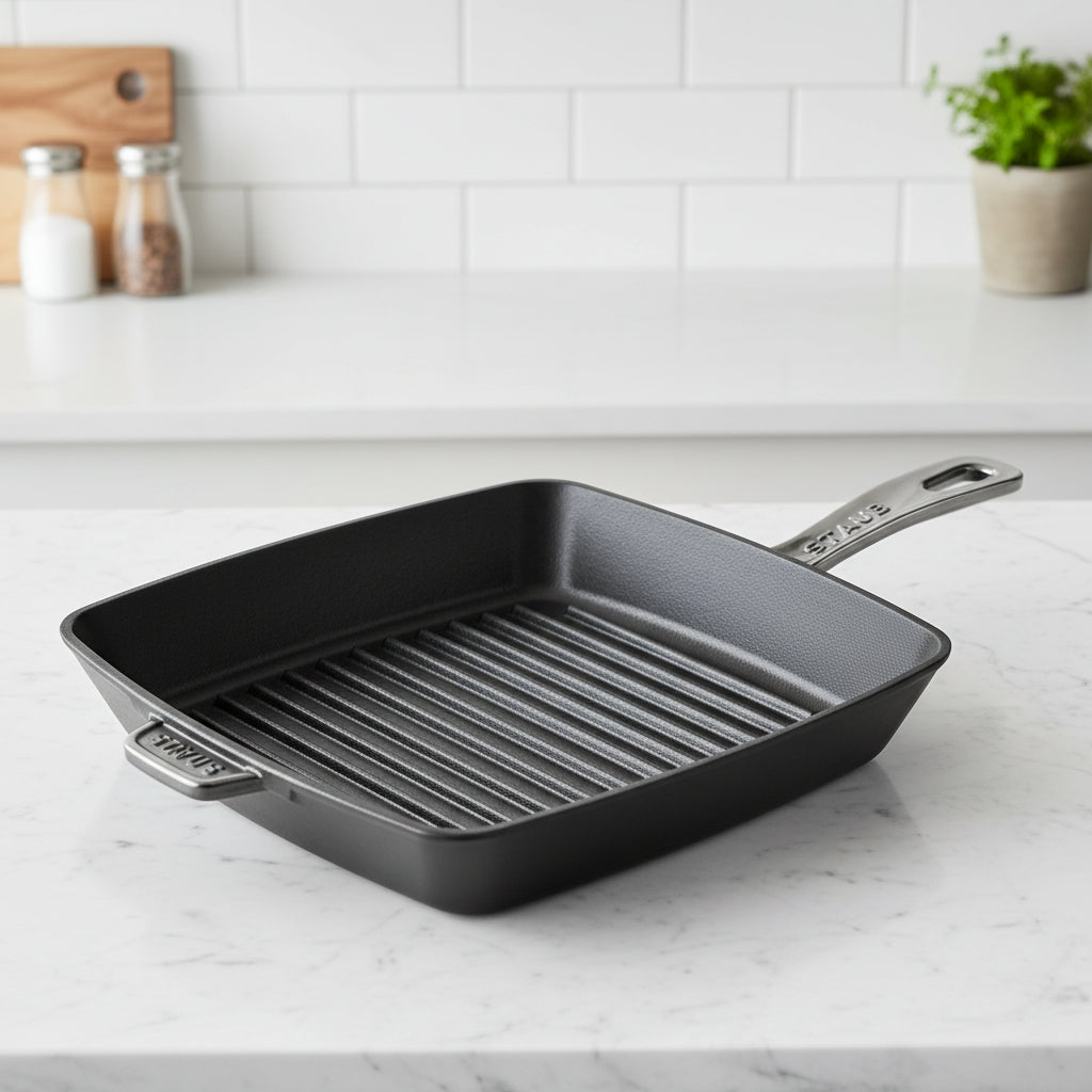 Black grill pan on a marble countertop with a kitchen background