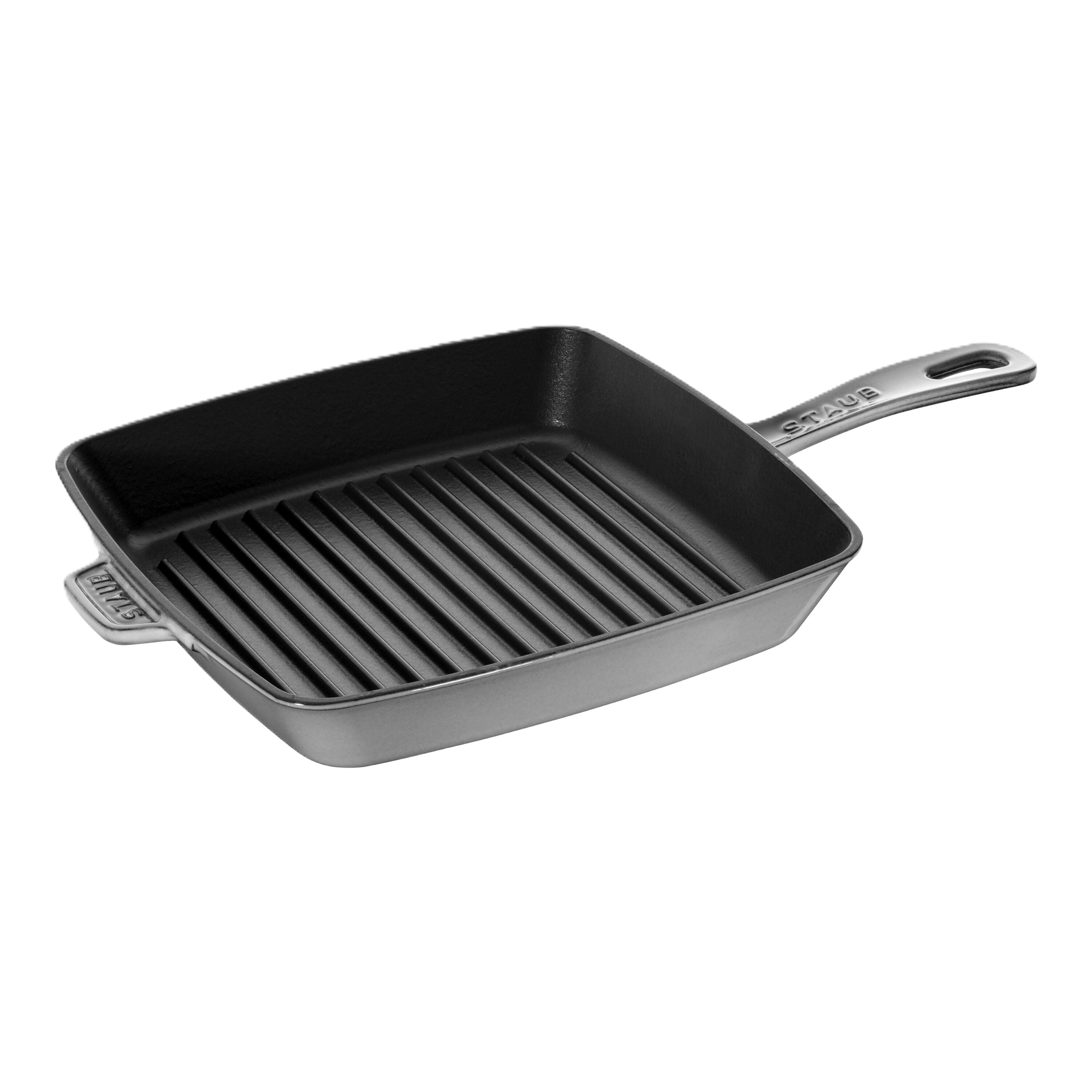 Black grill pan with handle on a white background