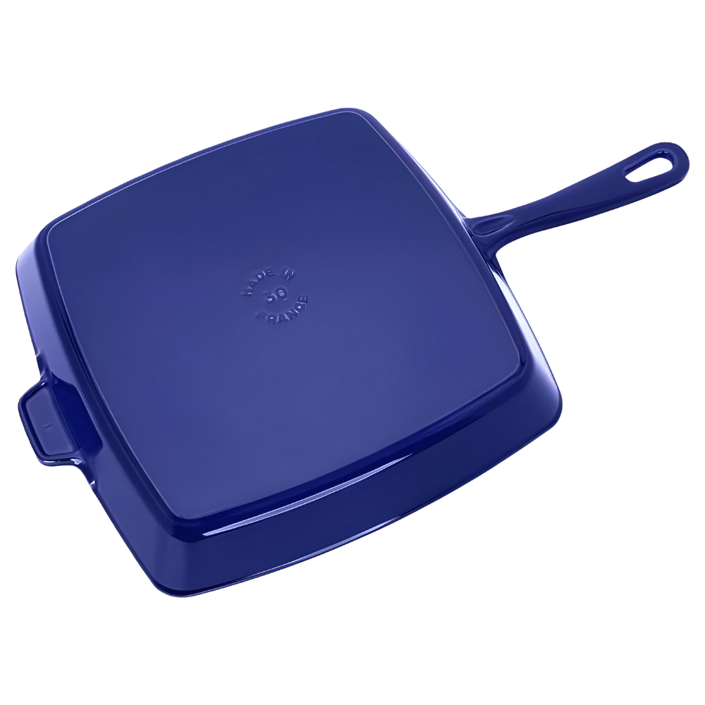 Blue square skillet with a handle fliped on a white background