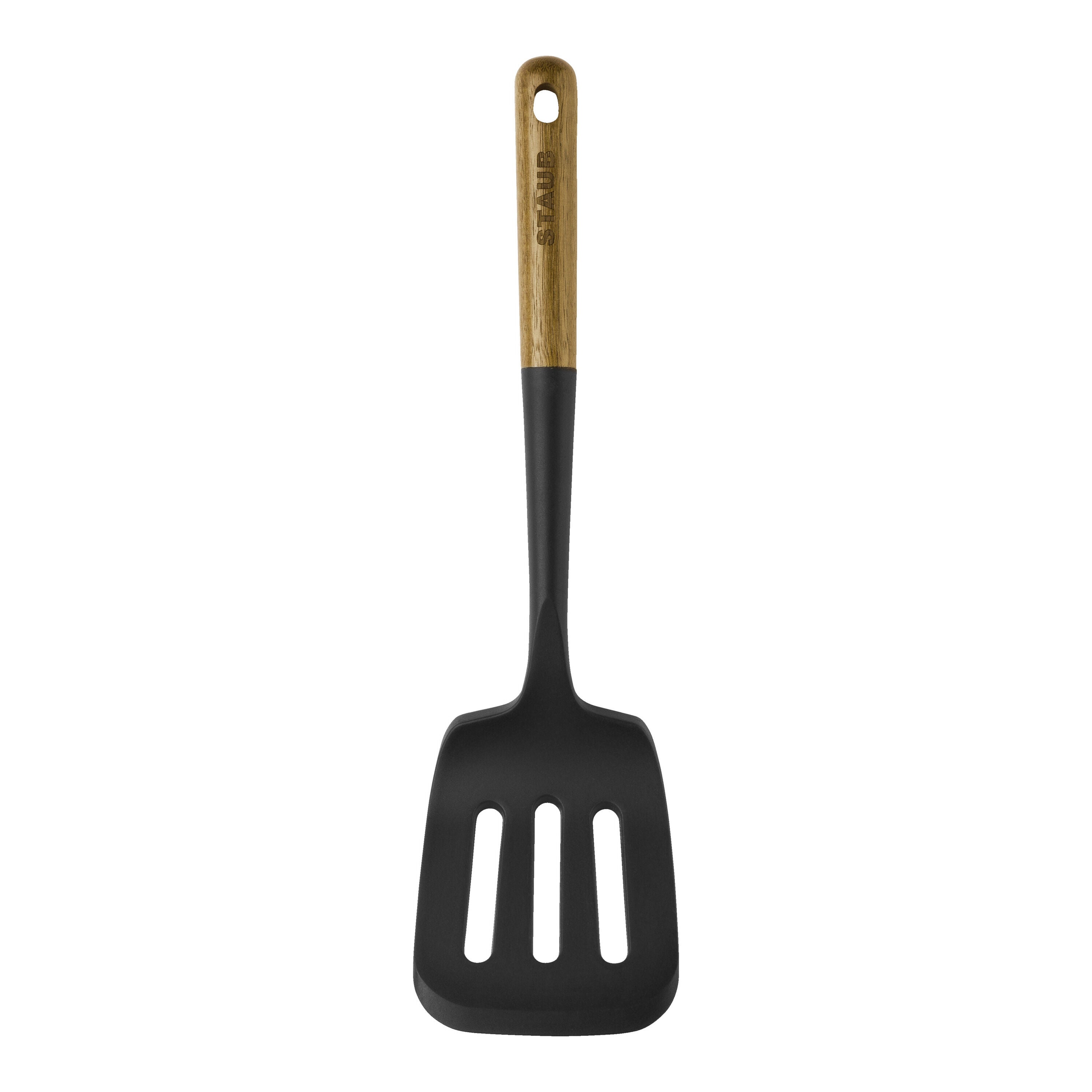 Black slotted spatula with a wooden handle on a white background