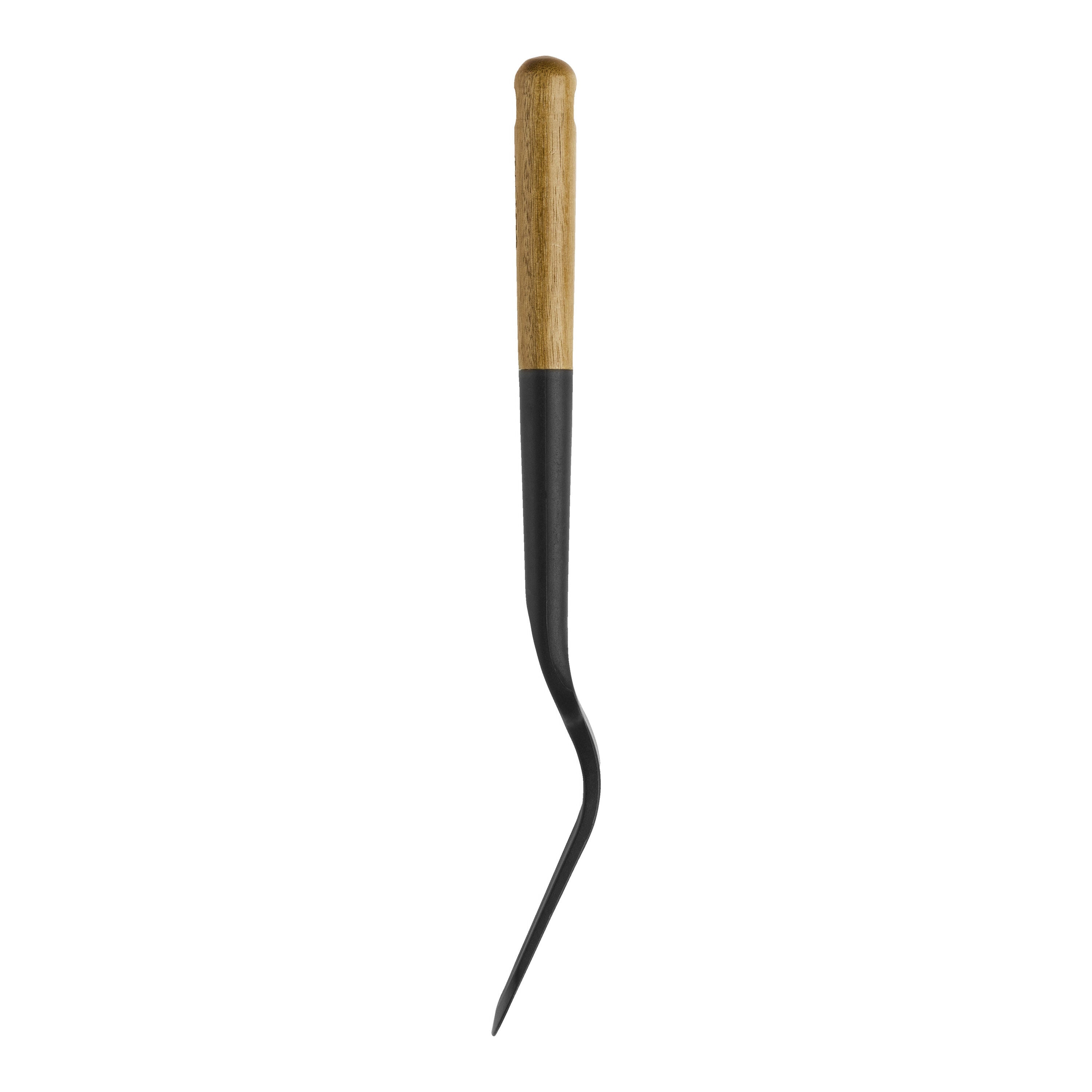 Gardening tool with a black blade and wooden handle on a white background