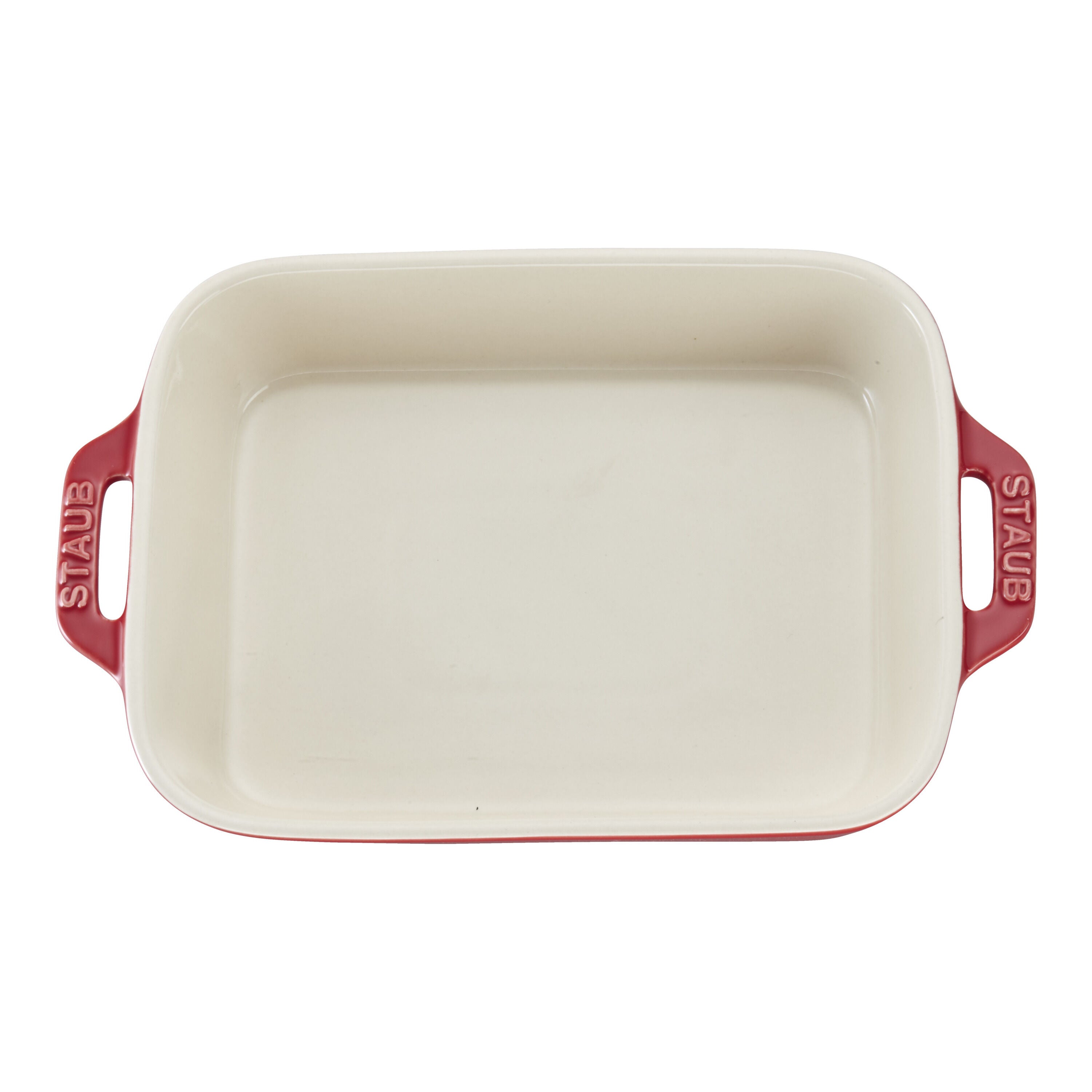 STAUB Ceramique Ceramic Rectangular Oven Dish with red handles and trim on a white background