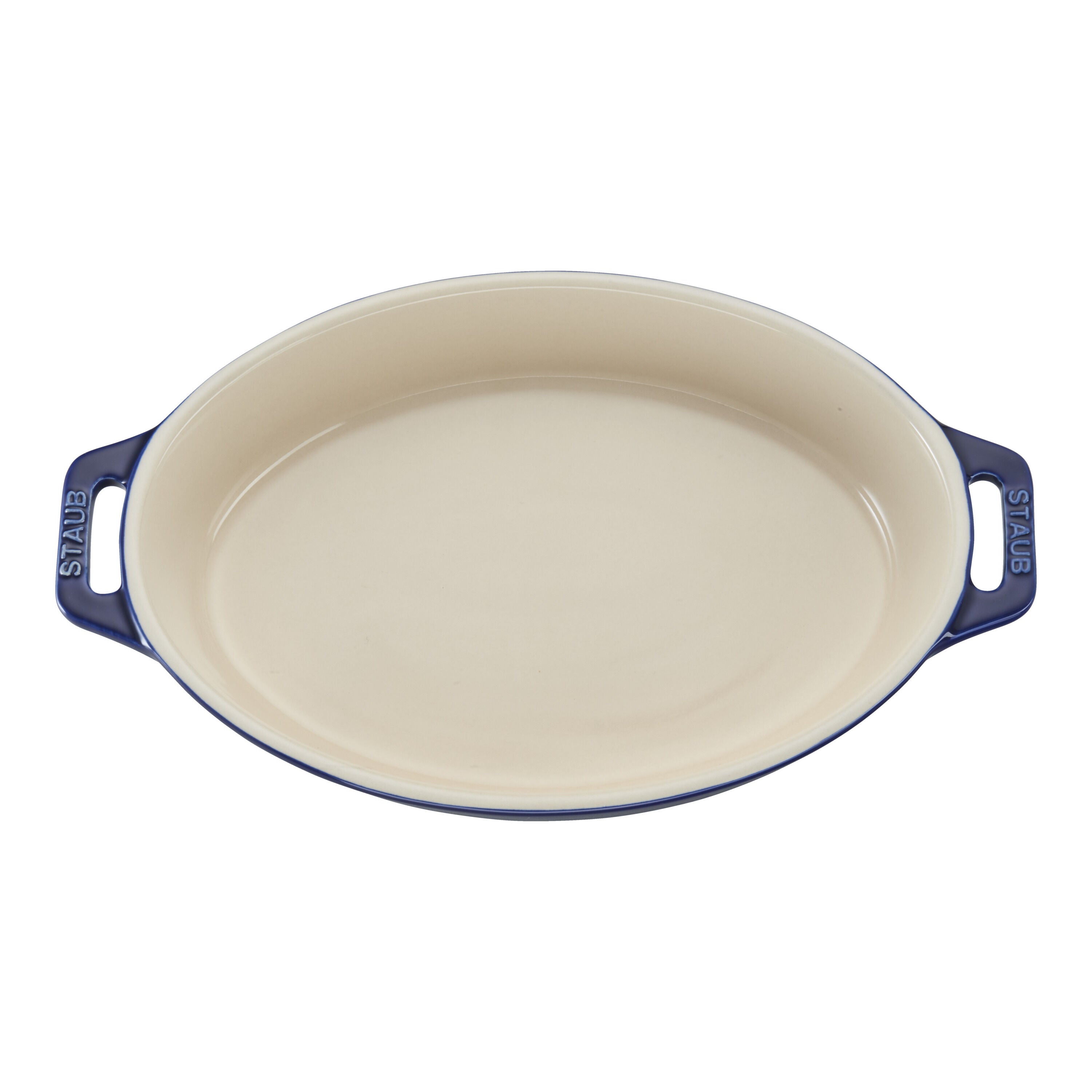 Oval baking dish with blue handles on a white background