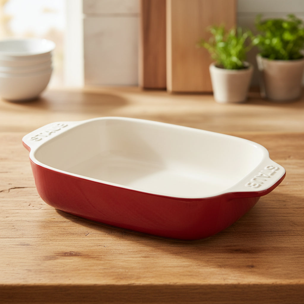 STAUB Ceramique Ceramic Rectangular Oven Dish in kitchen wooden counter top