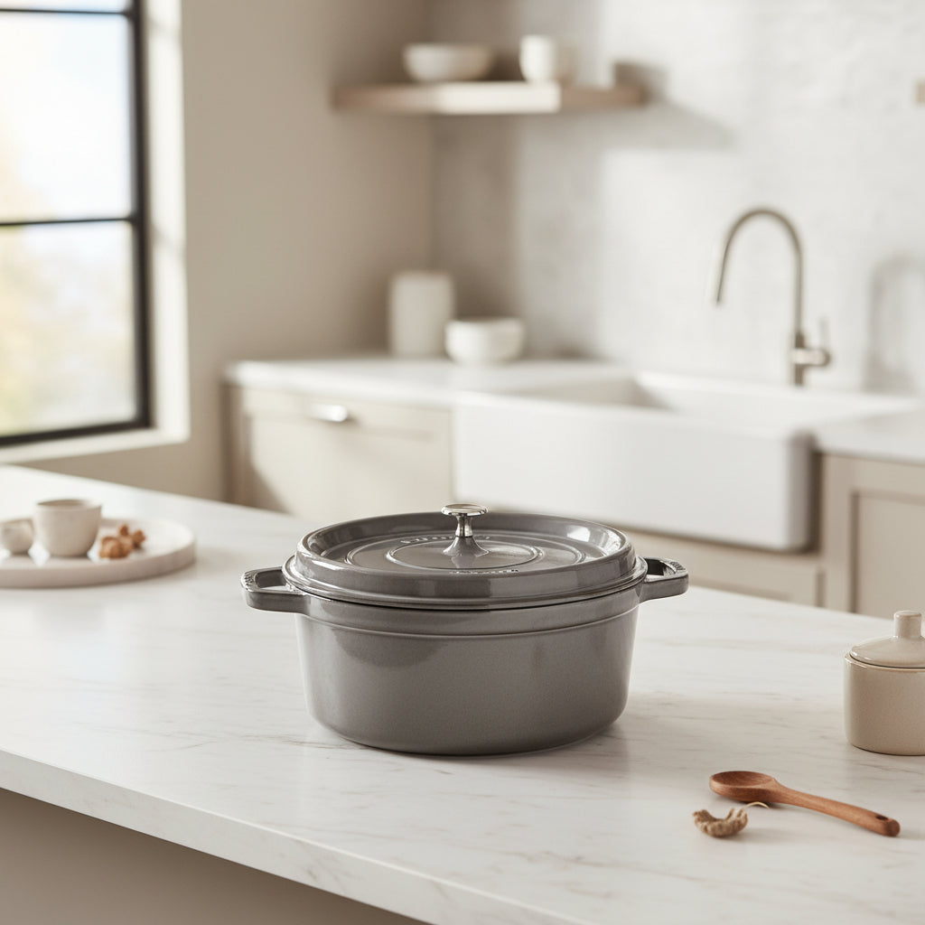 Staub cooking pot with lid on a white background