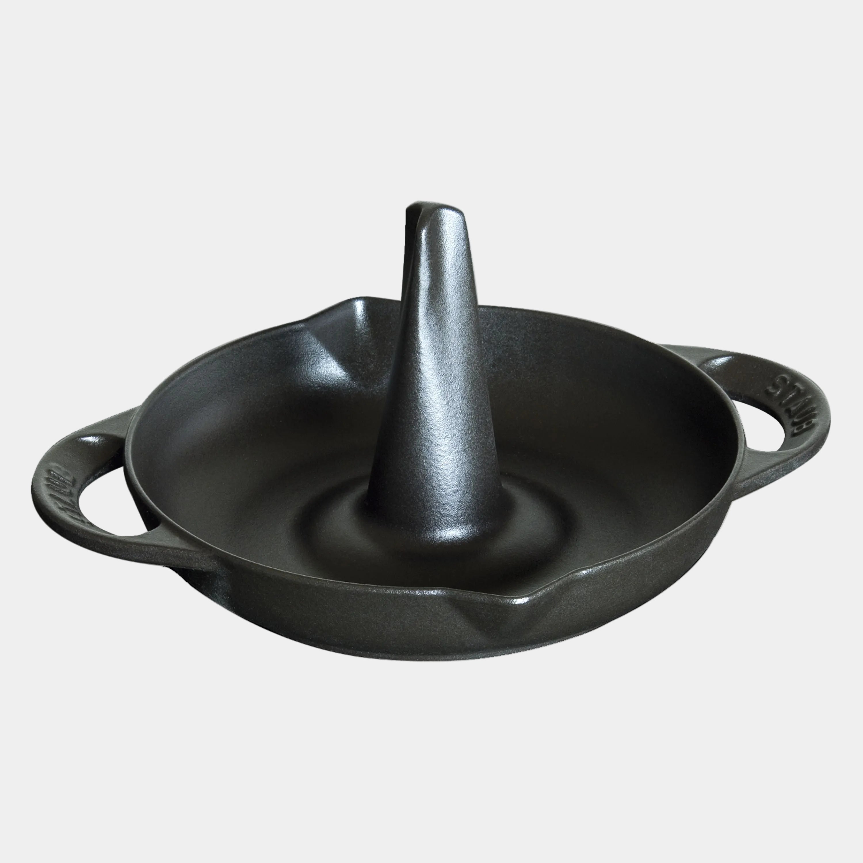 STAUB Specialities Cast Iron Round Roaster 24 cm in black for crispy chicken cooking.