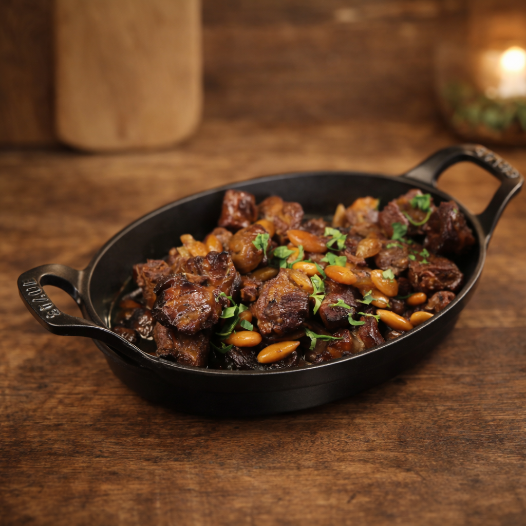 Black cast iron skillet with cooked meat and vegetables on a wooden surface