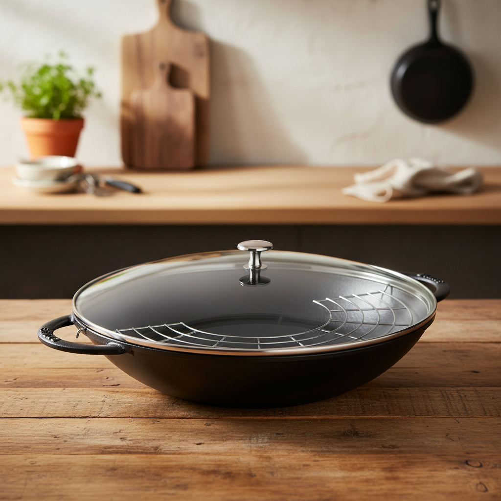 Black wok with glass lid on a wooden kitchen counter