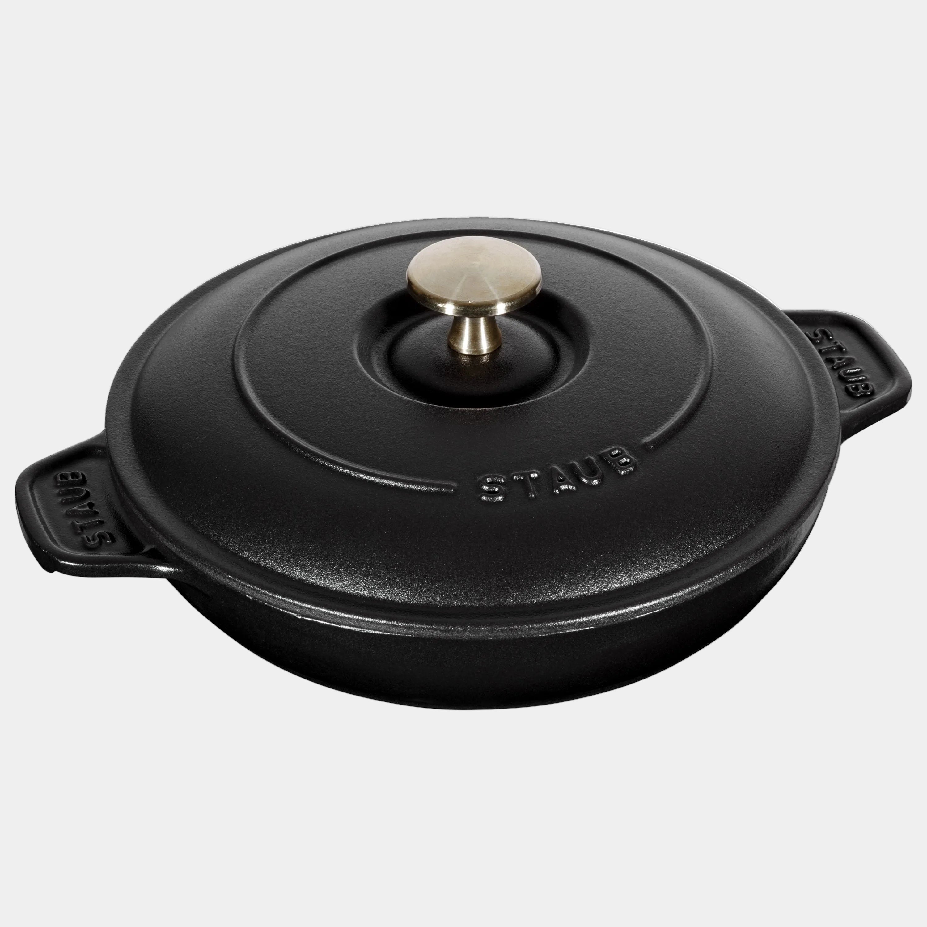 STAUB Specialities 750 ml Cast Iron Round Oven Dish with lid in black color, featuring a gold knob.