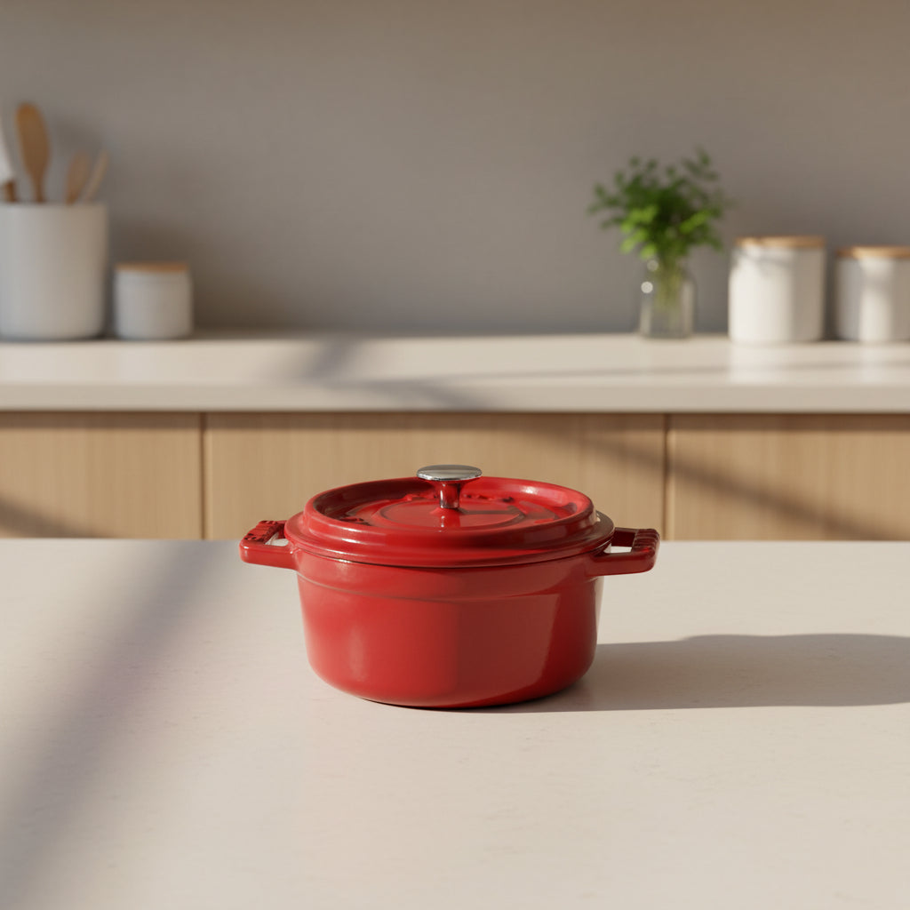 Red Staub cocotte with a silver knob on kitchen counter top