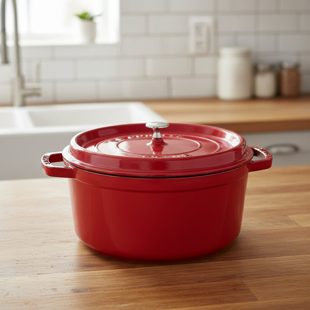 Red Staub cocotte with a silver knob on a white background