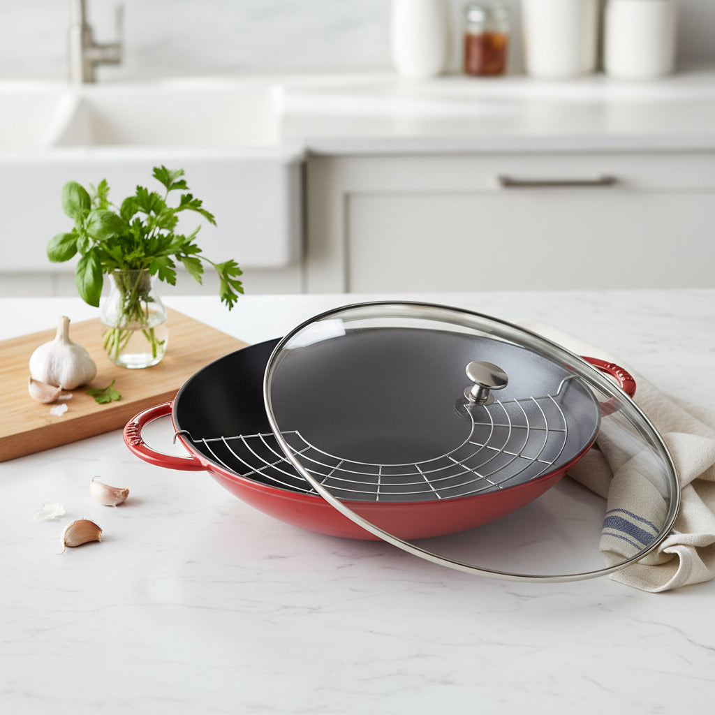 Red frying pan with a glass lid on a kitchen counter top