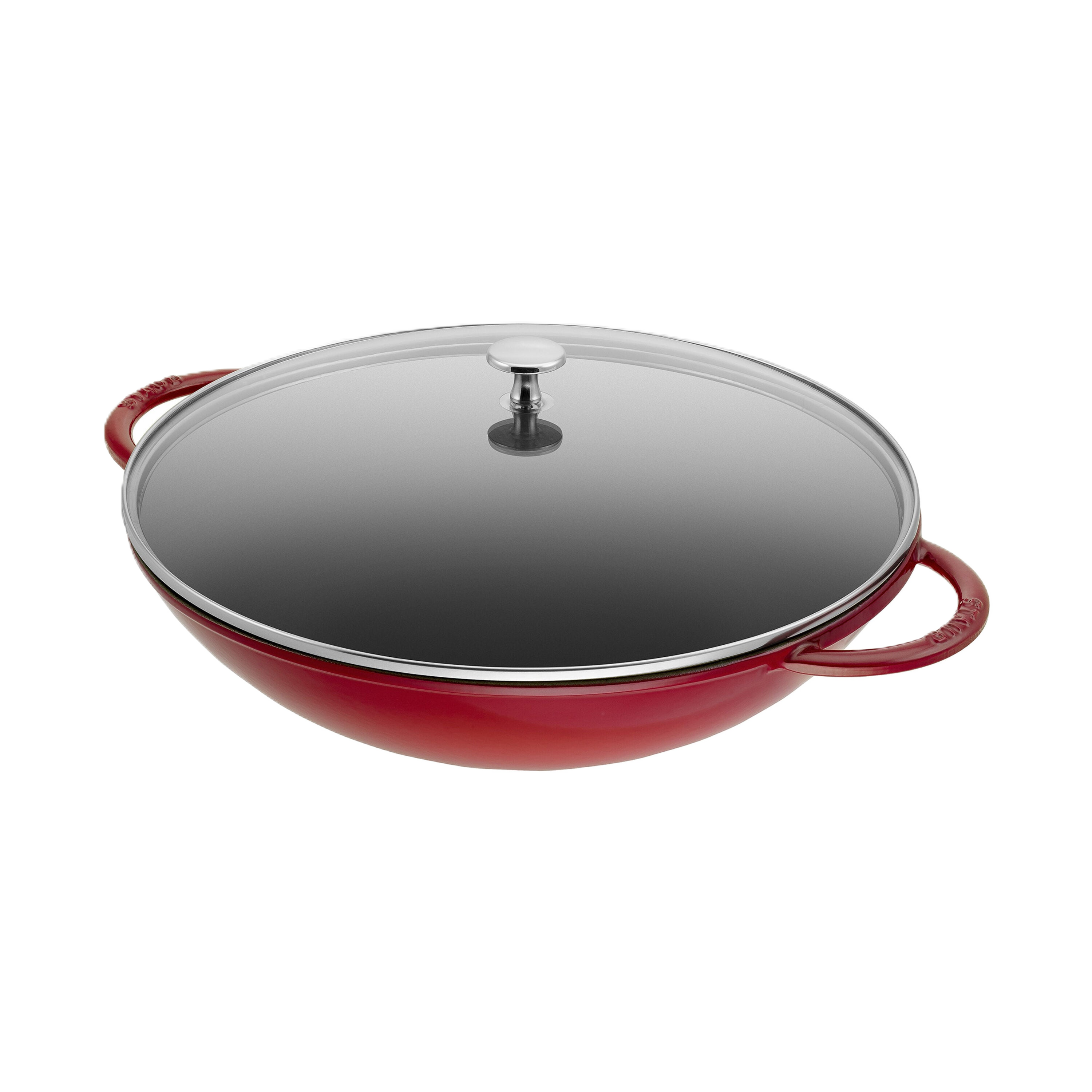 Red wok with a glass lid on a white background