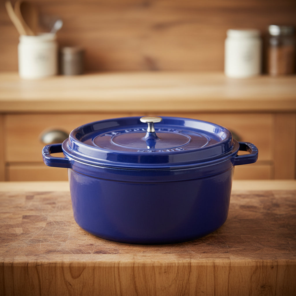 Dark Blue Staub cocotte with a lid on a wooden slab