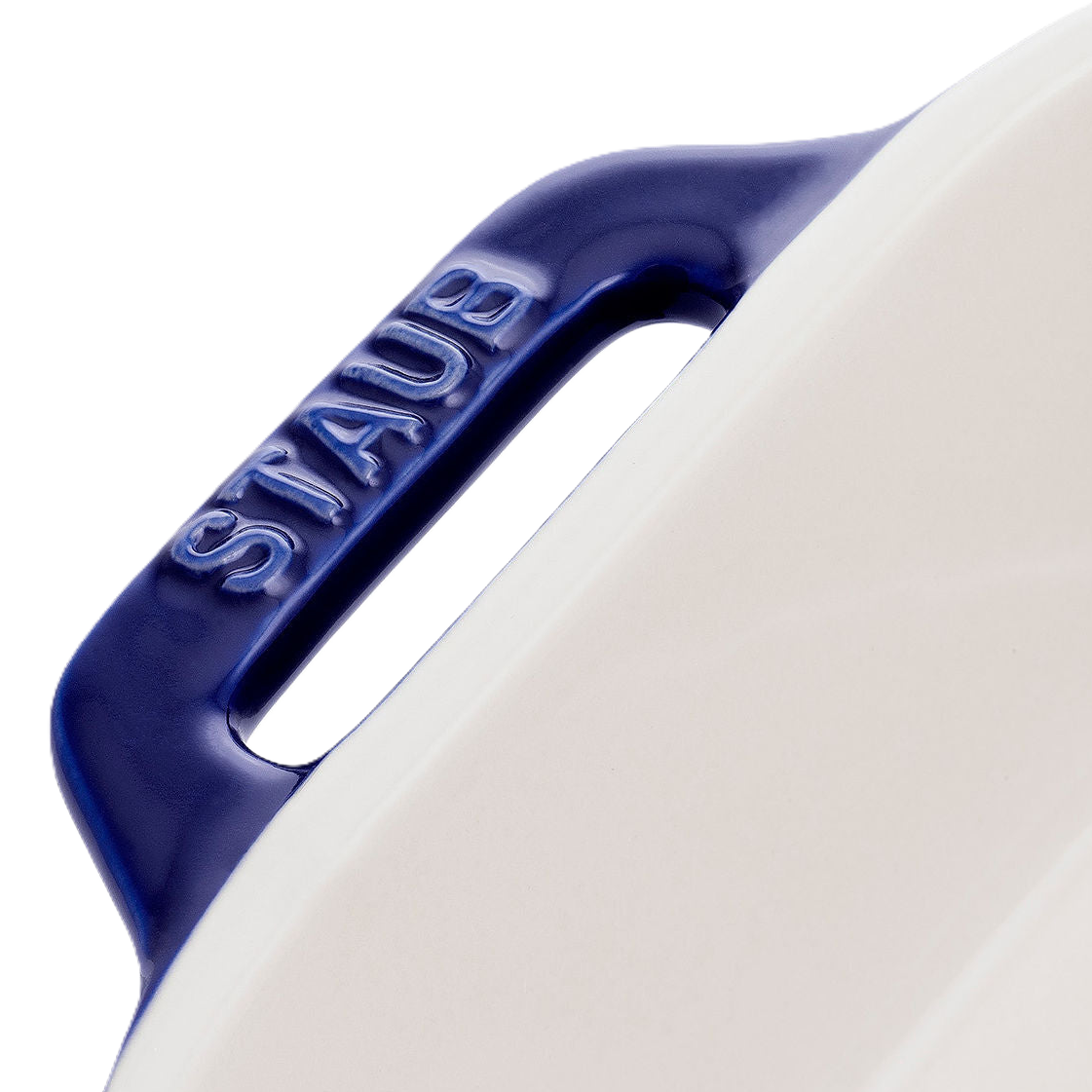 STAUB Ceramique Ceramic Rectangular Oven Dish handle close view dark blueon white background