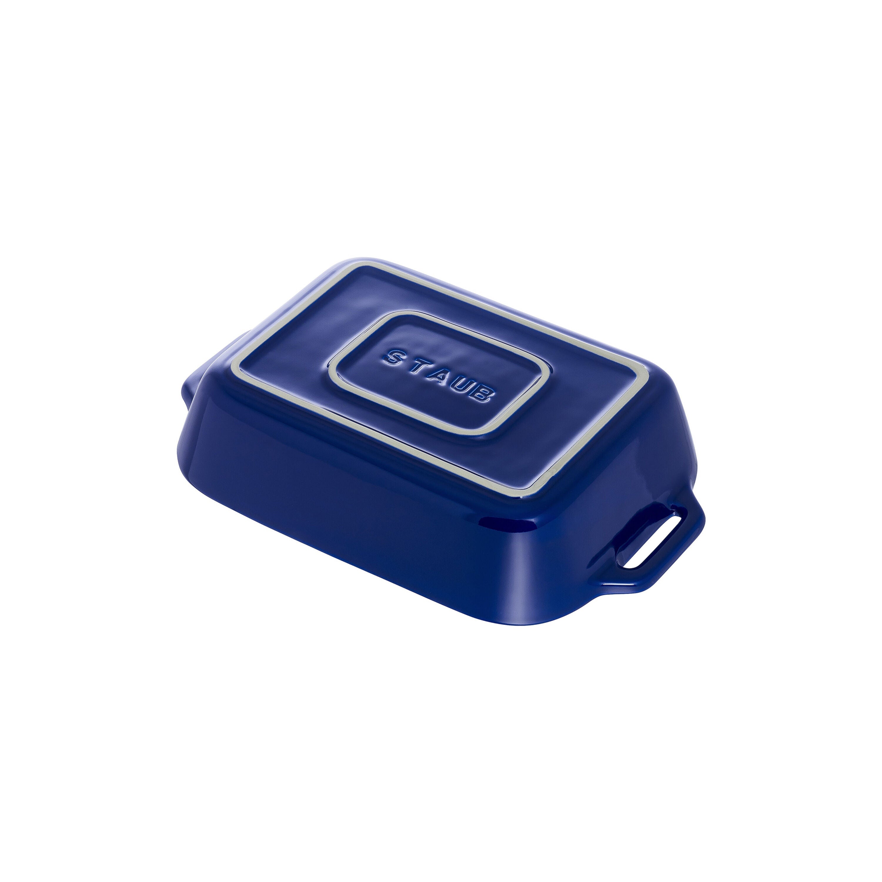 Blue Staub baking dish bottom view
on a white background