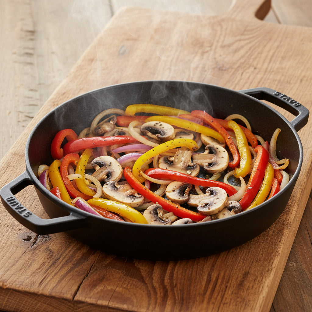 Black cast iron skillet with sautéed vegetables on a wooden surface