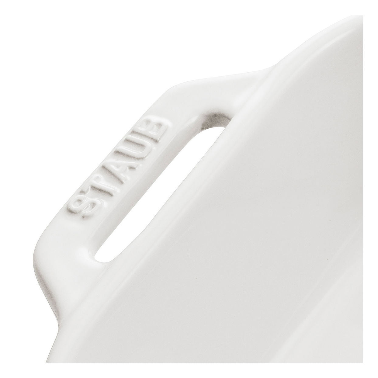 STAUB Ceramique Ceramic Rectangular Oven Dish closeup handle view on white background