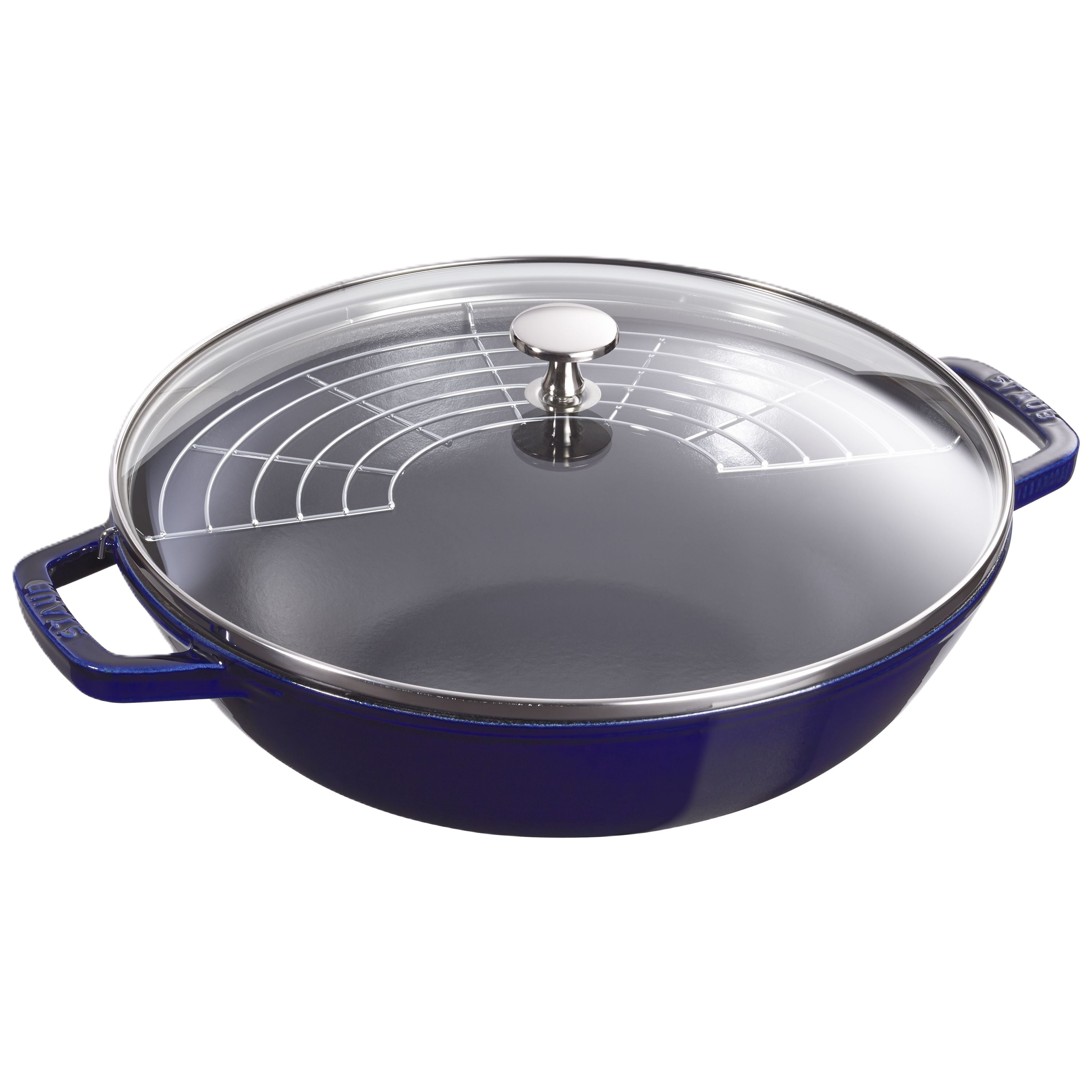 Blue enameled cast iron skillet with glass lid on a white background