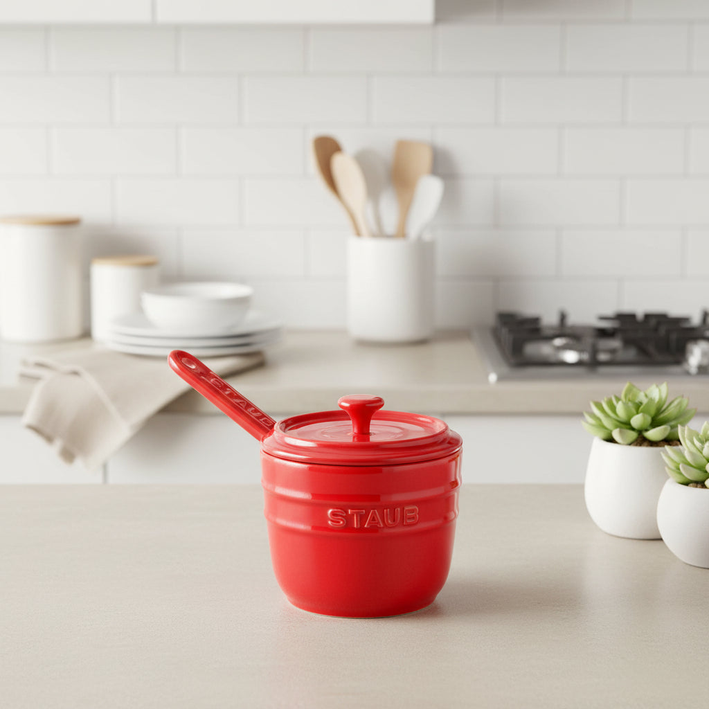 Red Staub ceramic pot with lid and handle on a white background