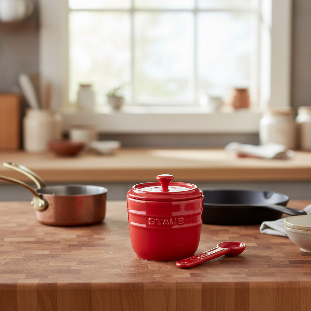 Red Staub container on a kitchen counter with various cookware in the background