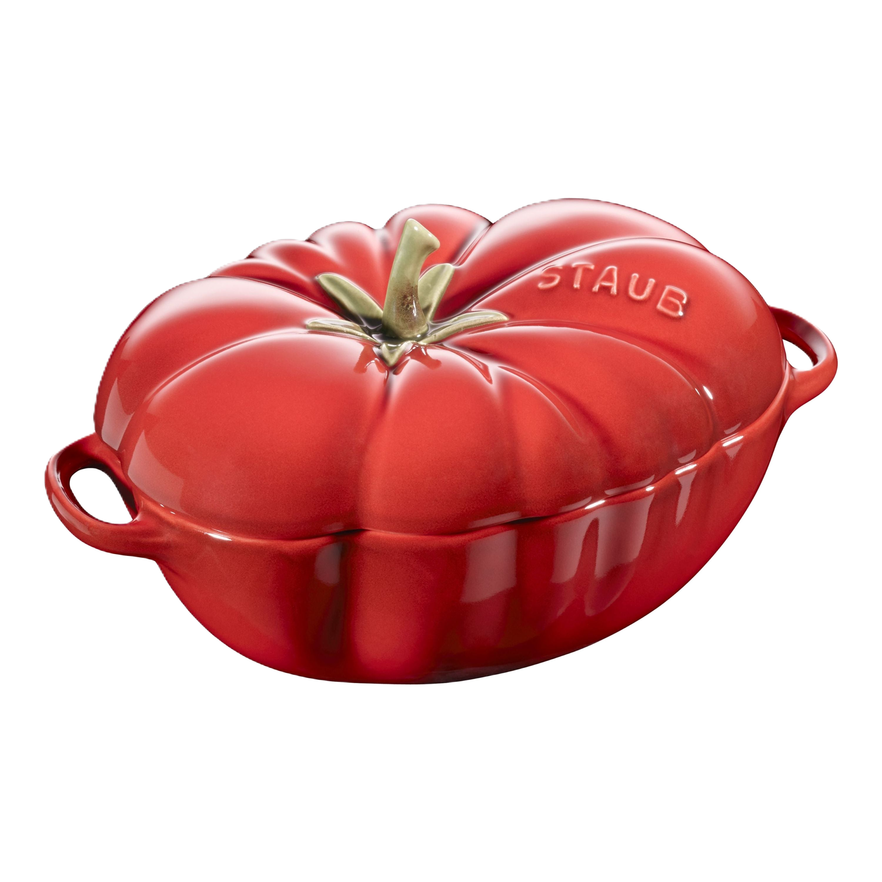 STAUB Ceramique Ceramic Tomato Cocotte in cherry red, designed for culinary functionality and aesthetic appeal.