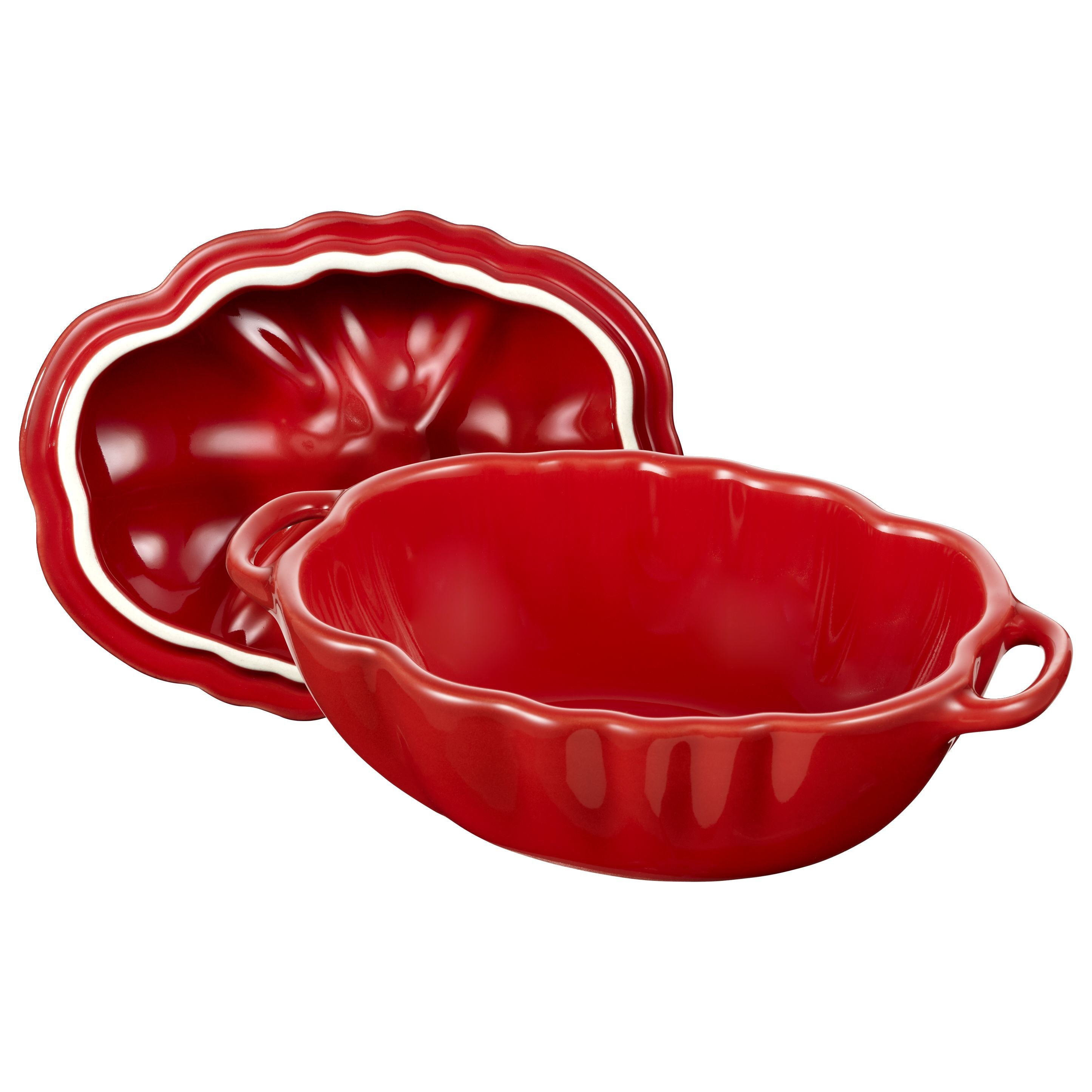 STAUB Ceramique Ceramic Tomato Cocotte, red, in two sizes with fluted edges for stylish baking and serving.
