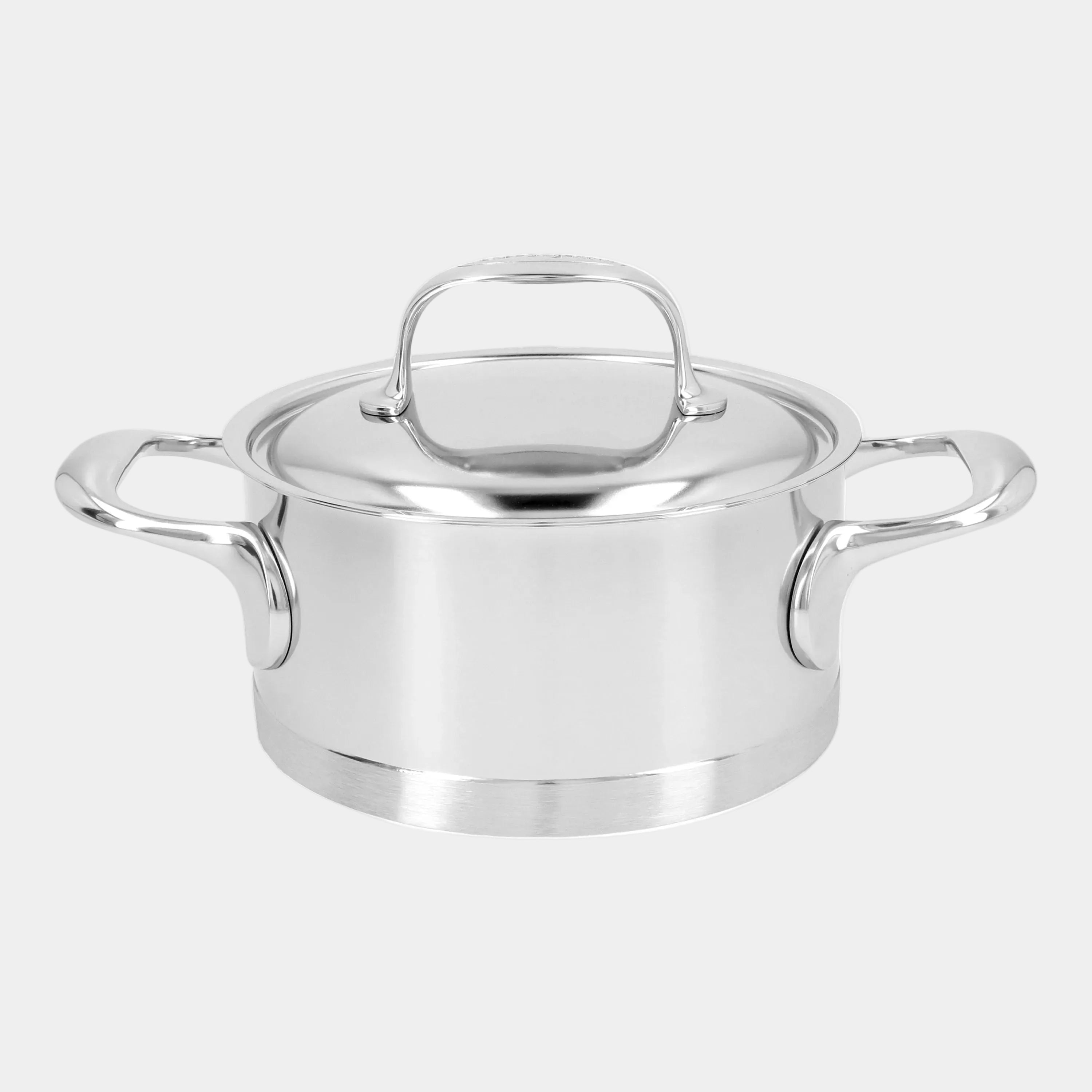 Stainless steel pot with lid on a white background