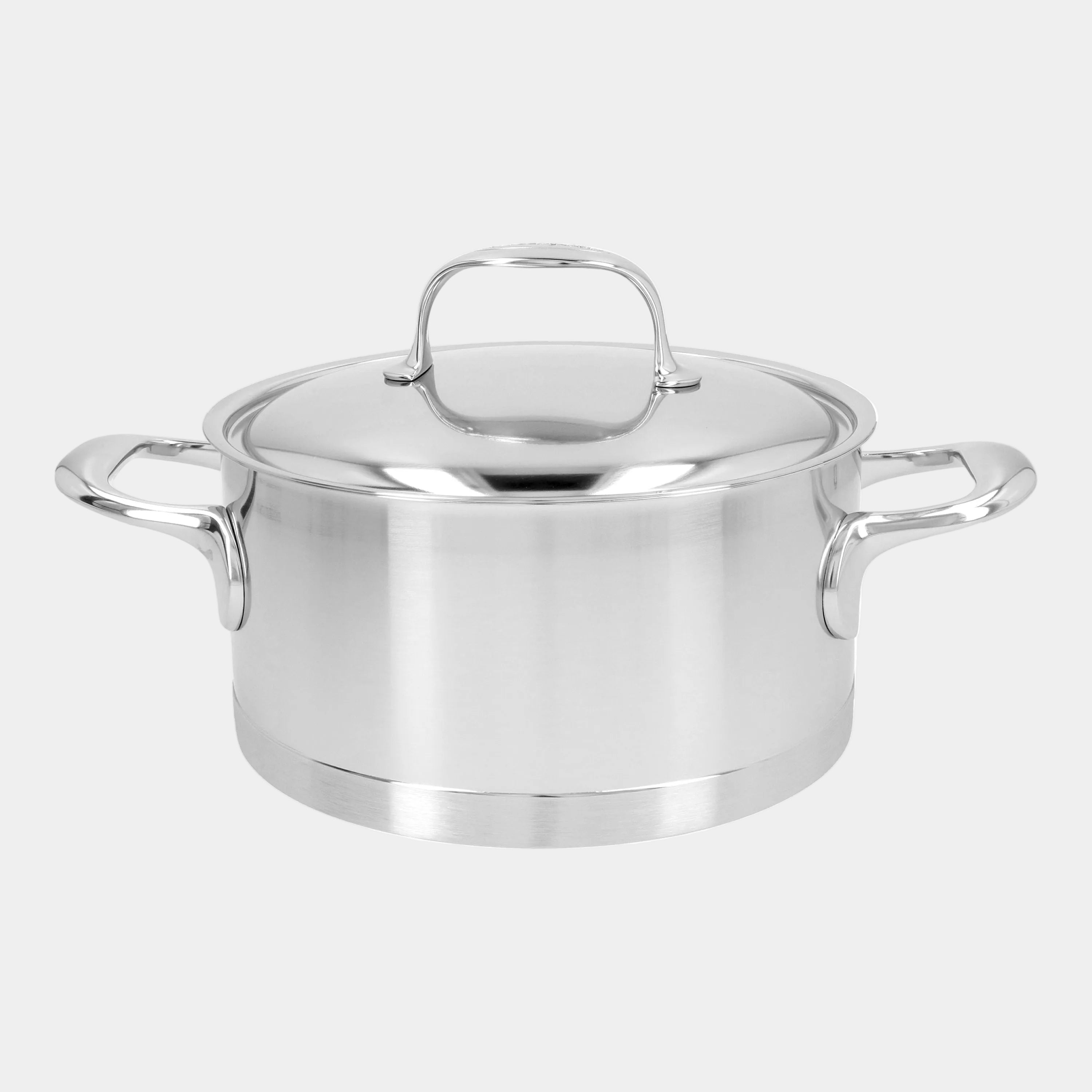 Stainless steel pot with lid on a white background