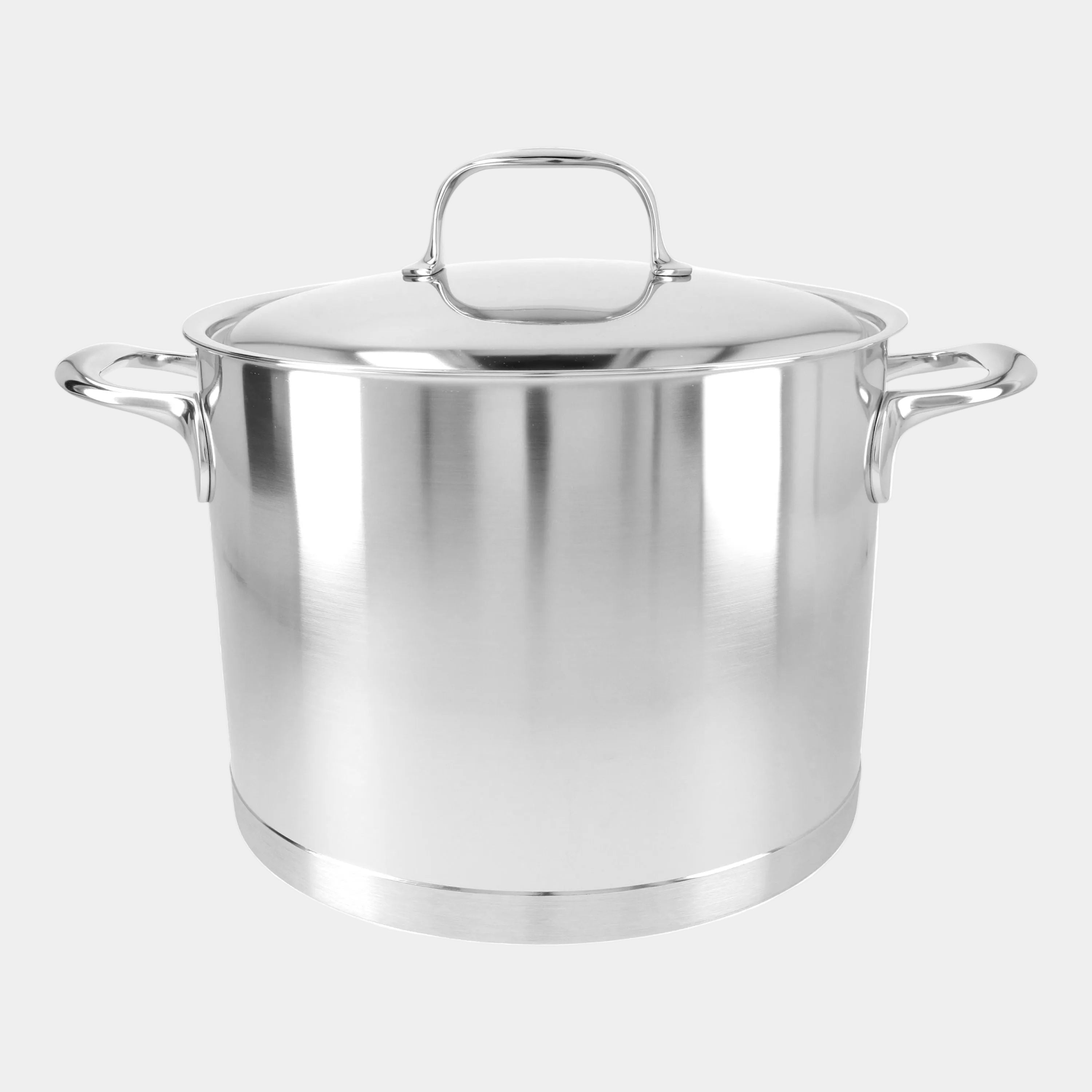 Stainless steel stock pot with lid on a white background